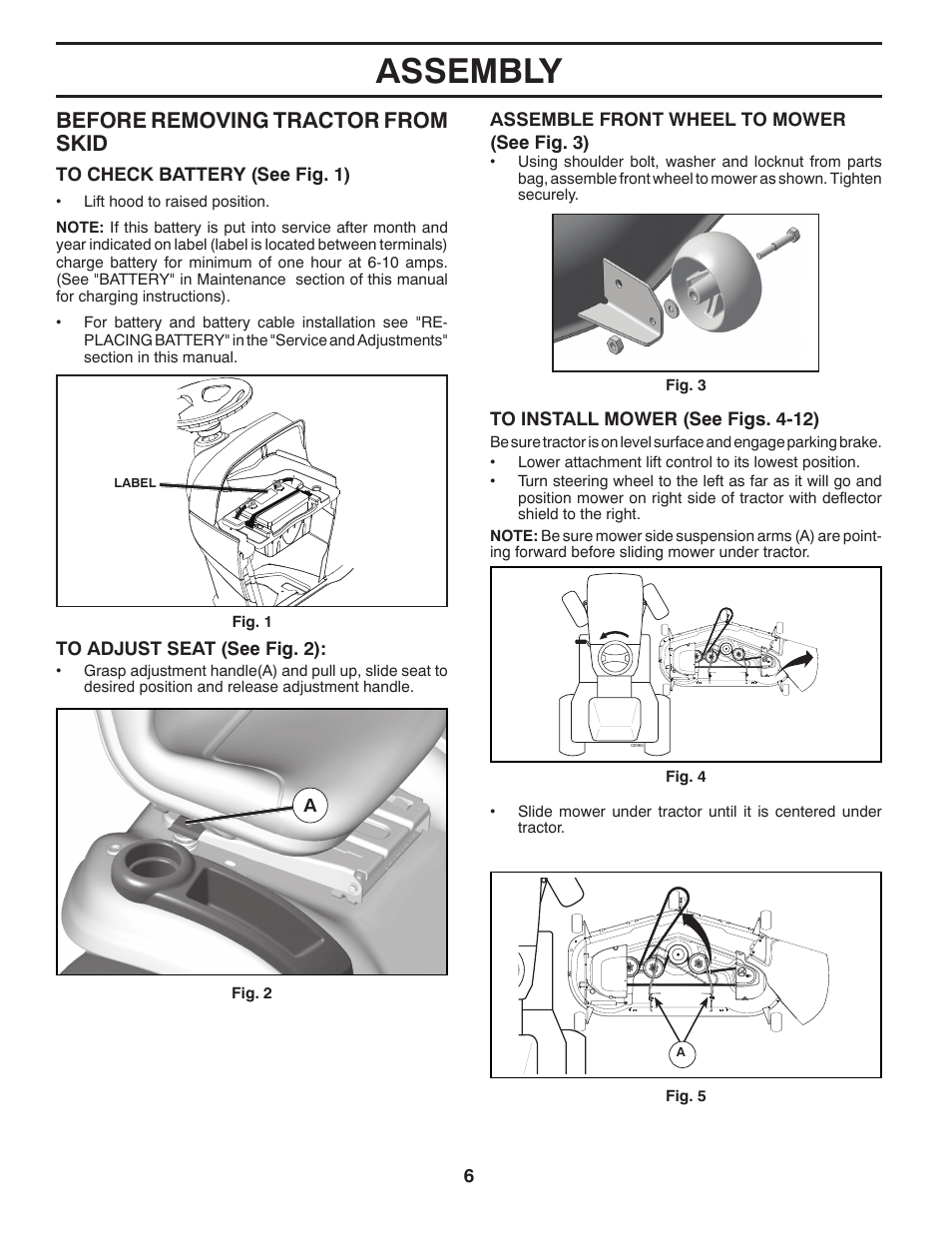 Assembly, Before removing tractor from skid | Husqvarna 2354GXLS User Manual | Page 6 / 46