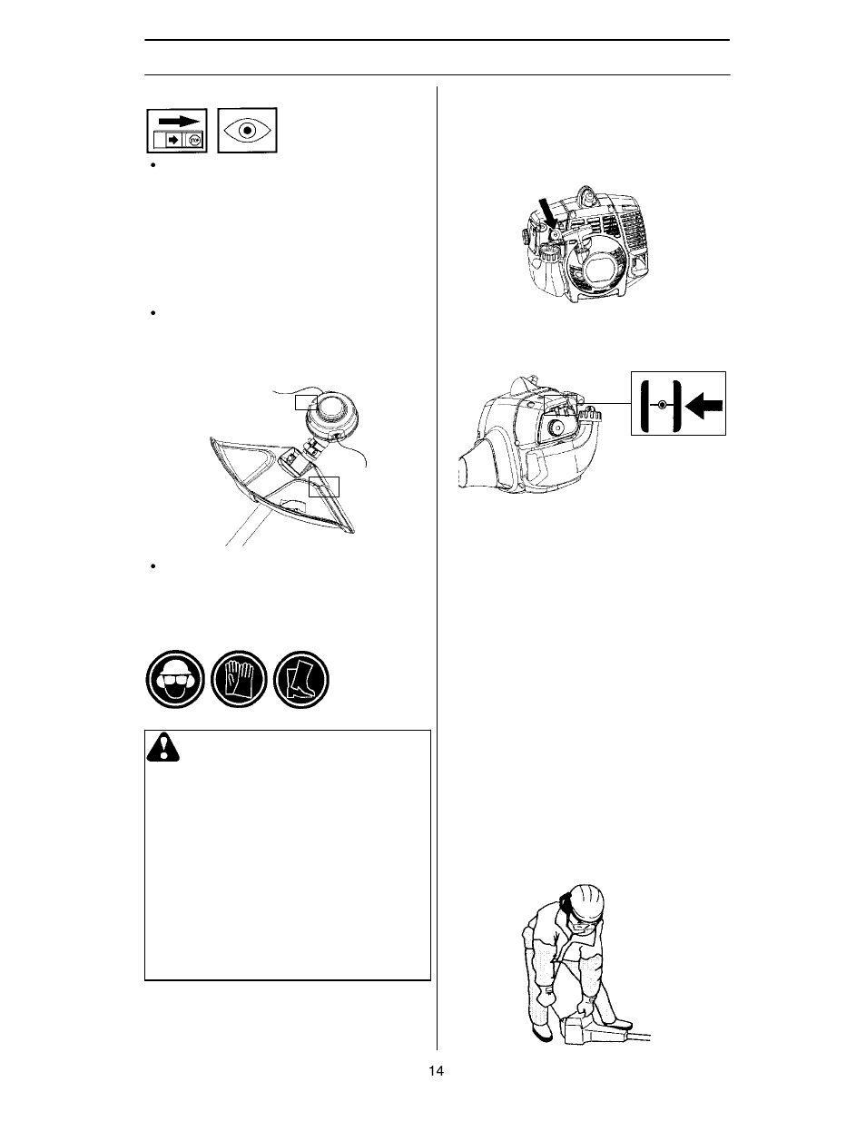 Starting/ stopping, Starting and stopping, Check before starting | Starting and stopping warning | Husqvarna 124L User Manual | Page 14 / 22