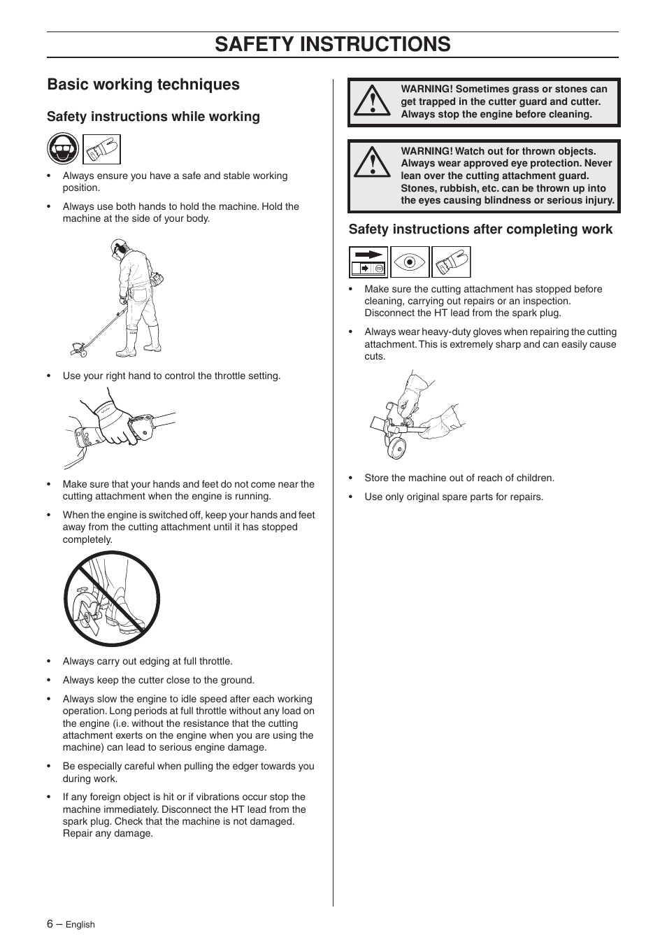 Basic working techniques, Safety instructions while working, Safety instructions after completing work | Safety instr uctions, Basic w orking techniques | Husqvarna EA 850 User Manual | Page 6 / 11