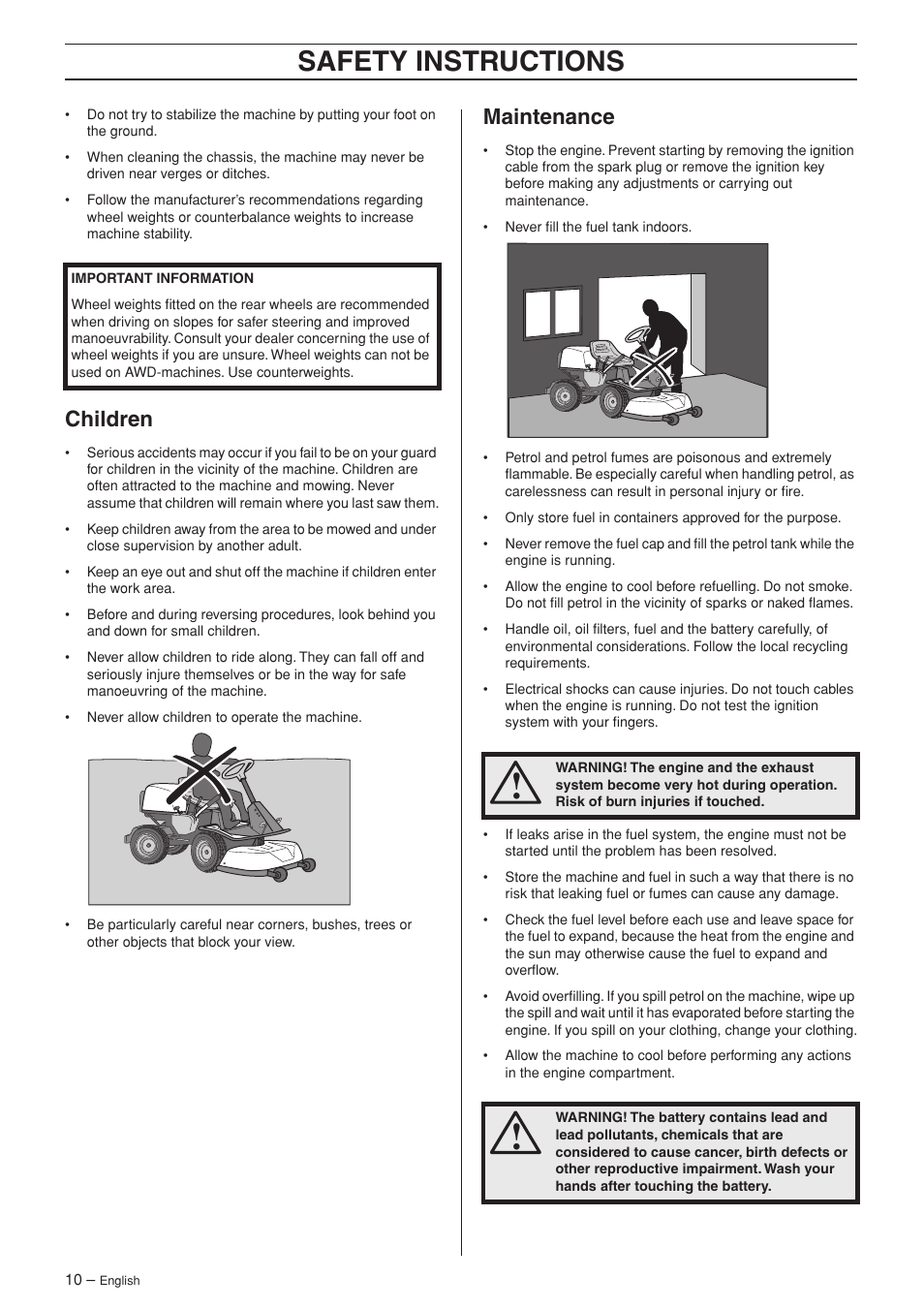 Children, Maintenance, Safety instructions | Husqvarna 15V2 AWD User Manual | Page 10 / 36