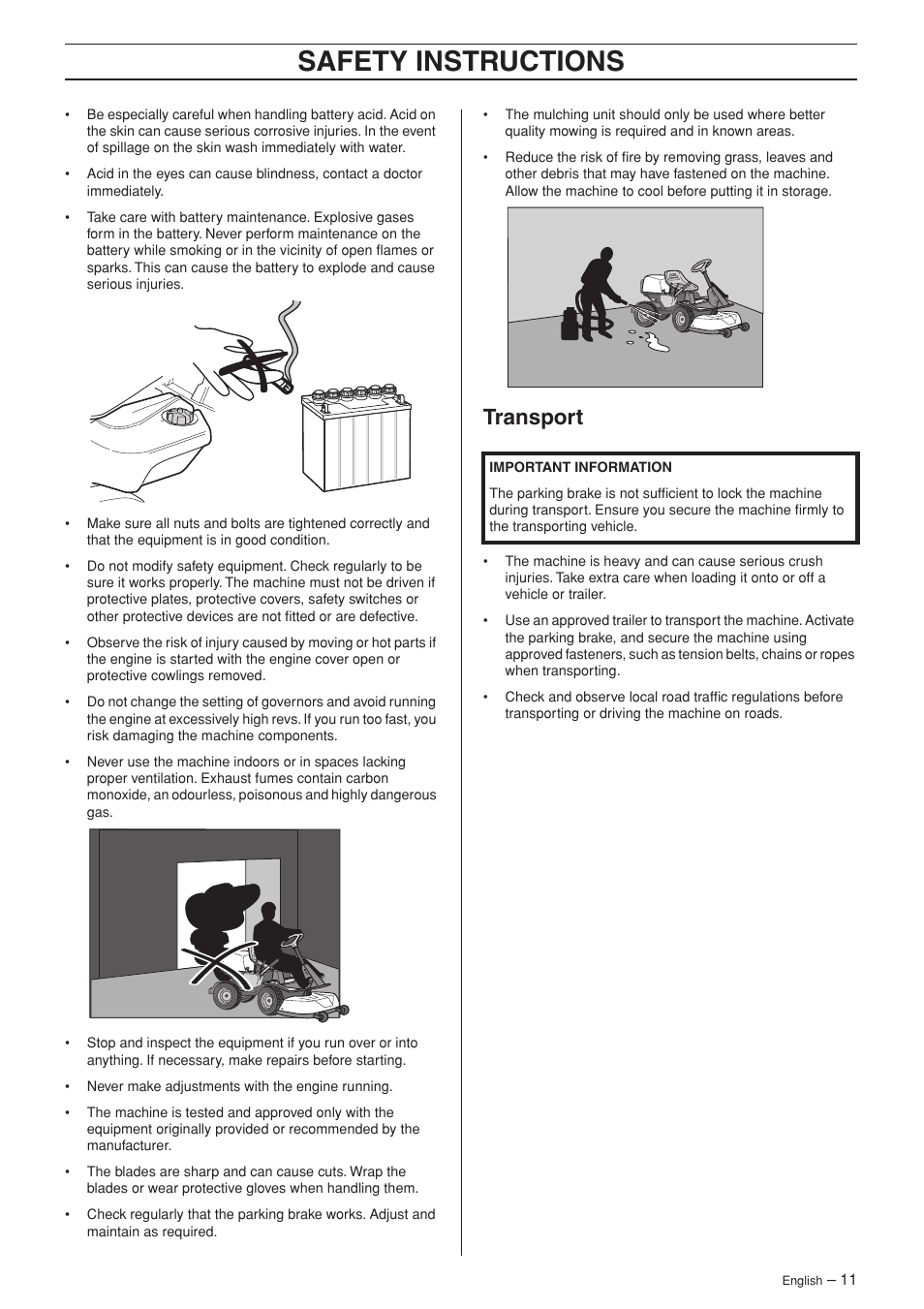 Transport, Safety instructions | Husqvarna 15V2 AWD User Manual | Page 11 / 36