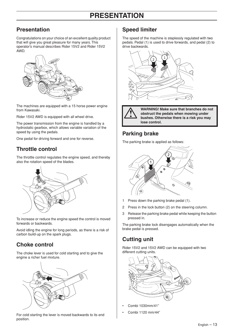 Presentation, Throttle control, Choke control | Speed limiter, Parking brake, Cutting unit | Husqvarna 15V2 AWD User Manual | Page 13 / 36
