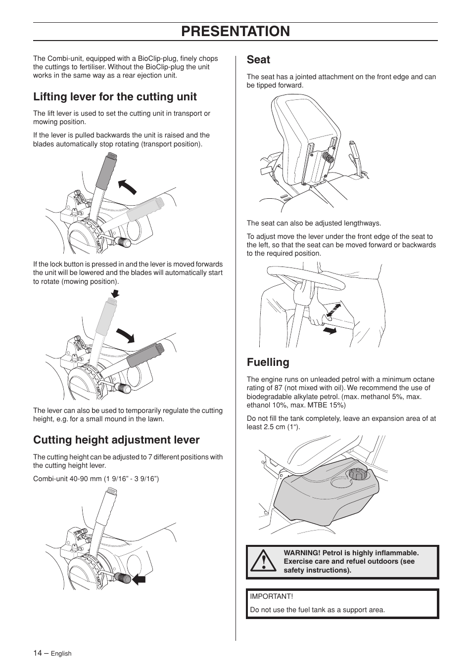 Lifting lever for the cutting unit, Cutting height adjustment lever, Seat | Fuelling, Presentation | Husqvarna 15V2 AWD User Manual | Page 14 / 36