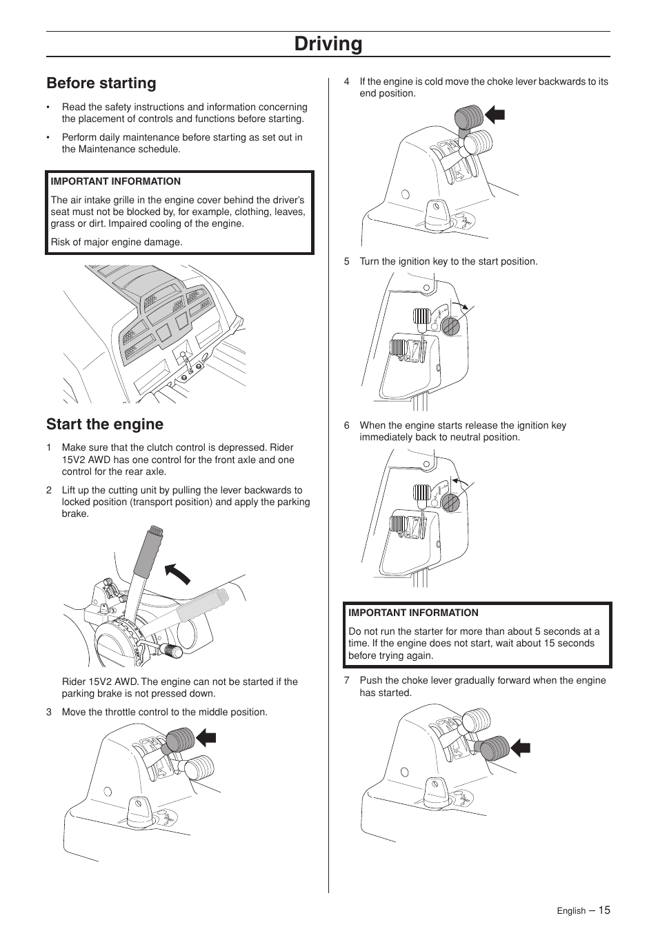 Before starting, Start the engine, Driving | Husqvarna 15V2 AWD User Manual | Page 15 / 36