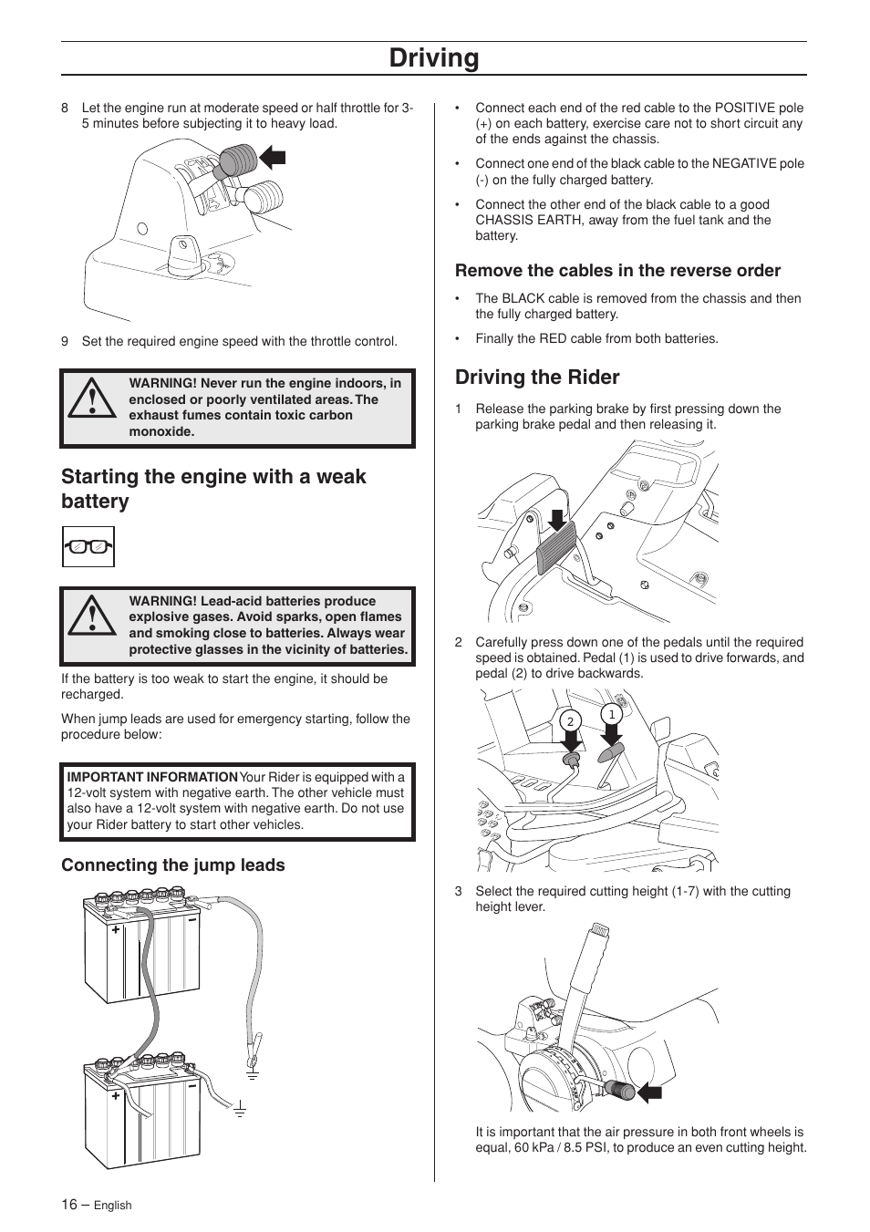 Starting the engine with a weak battery, Connecting the jump leads, Remove the cables in the reverse order | Driving the rider, Driving | Husqvarna 15V2 AWD User Manual | Page 16 / 36