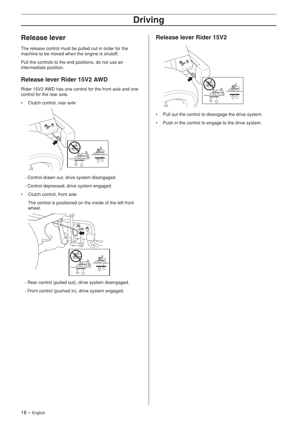 Release lever, Release lever rider 15v2 awd, Release lever rider 15v2 | Driving | Husqvarna 15V2 AWD User Manual | Page 18 / 36