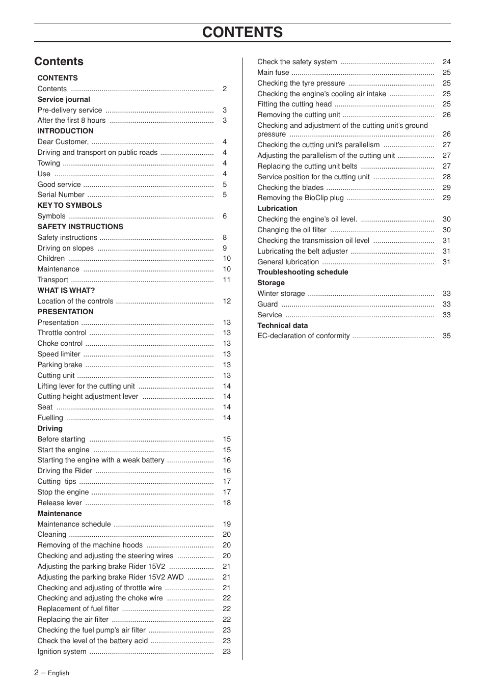Husqvarna 15V2 AWD User Manual | Page 2 / 36