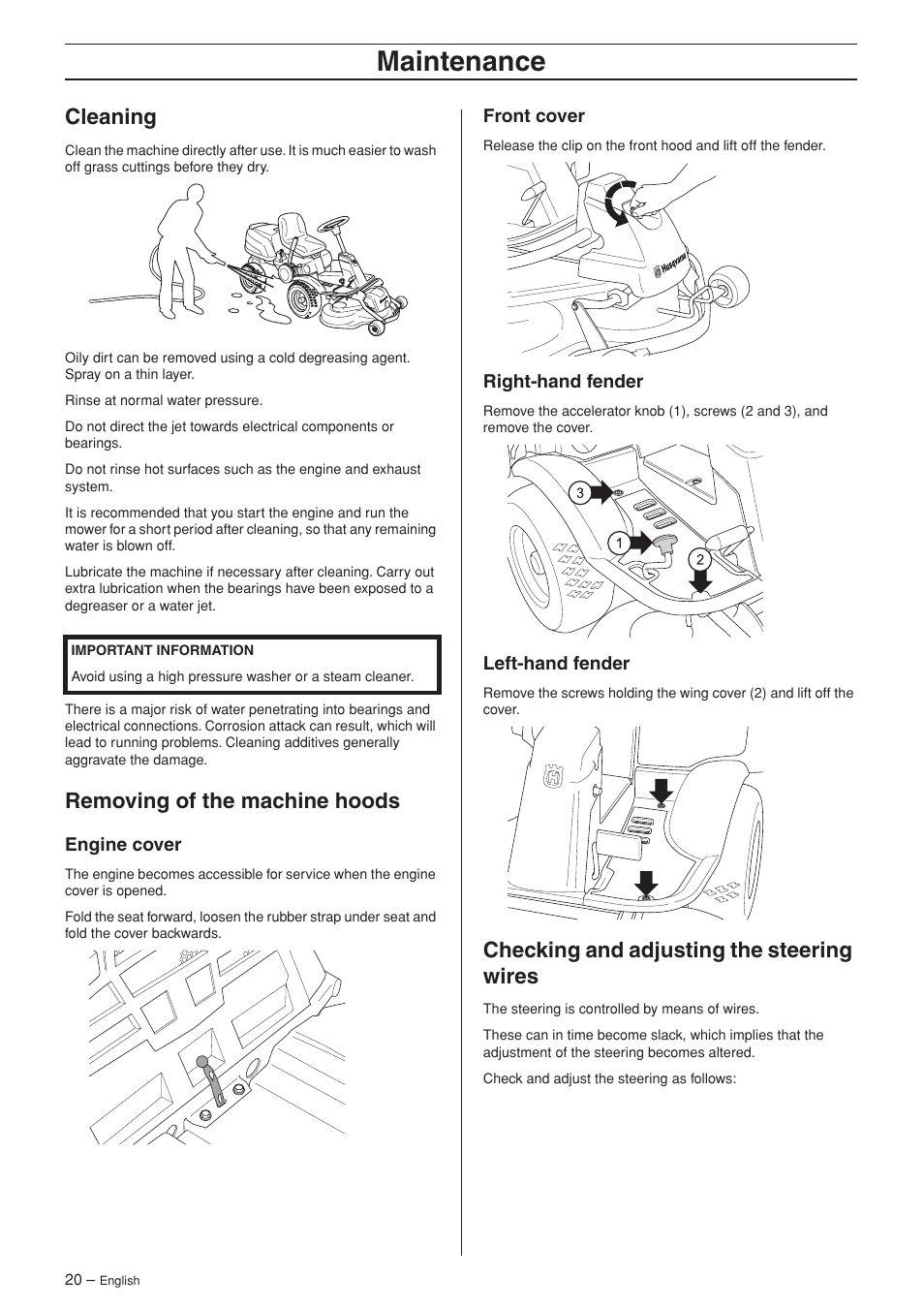 Cleaning, Removing of the machine hoods, Engine cover | Front cover, Right-hand fender, Left-hand fender, Checking and adjusting the steering wires, Maintenance | Husqvarna 15V2 AWD User Manual | Page 20 / 36