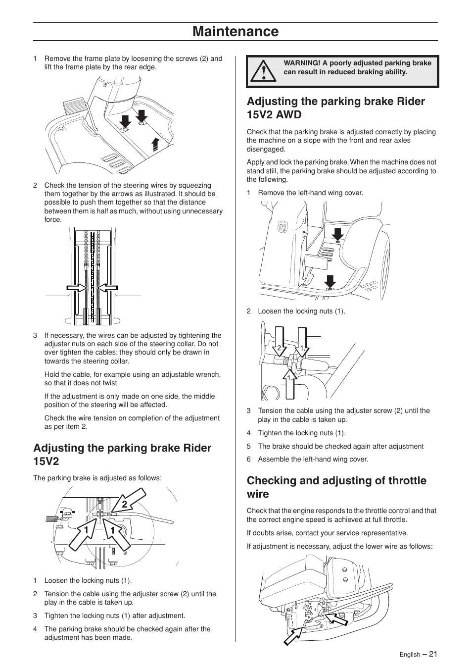 Adjusting the parking brake rider 15v2, Adjusting the parking brake rider 15v2 awd, Checking and adjusting of throttle wire | Maintenance | Husqvarna 15V2 AWD User Manual | Page 21 / 36