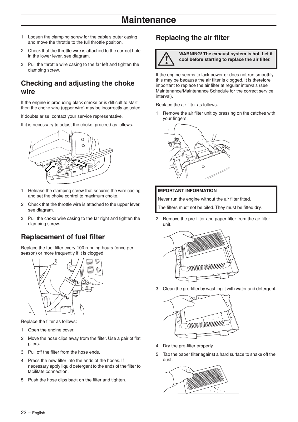Checking and adjusting the choke wire, Replacement of fuel filter, Replacing the air filter | Maintenance | Husqvarna 15V2 AWD User Manual | Page 22 / 36