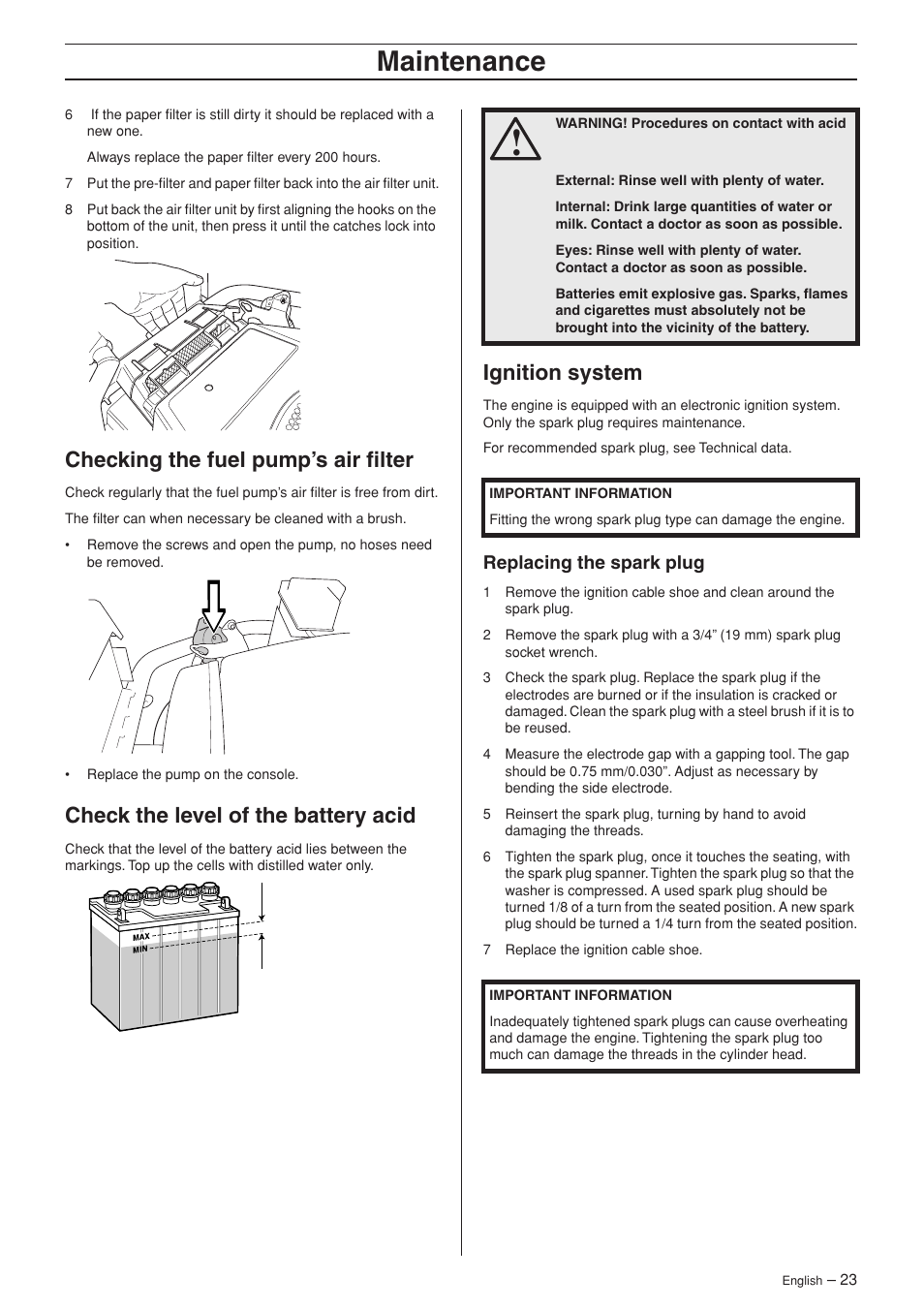 Checking the fuel pump’s air filter, Check the level of the battery acid, Ignition system | Replacing the spark plug, Maintenance | Husqvarna 15V2 AWD User Manual | Page 23 / 36