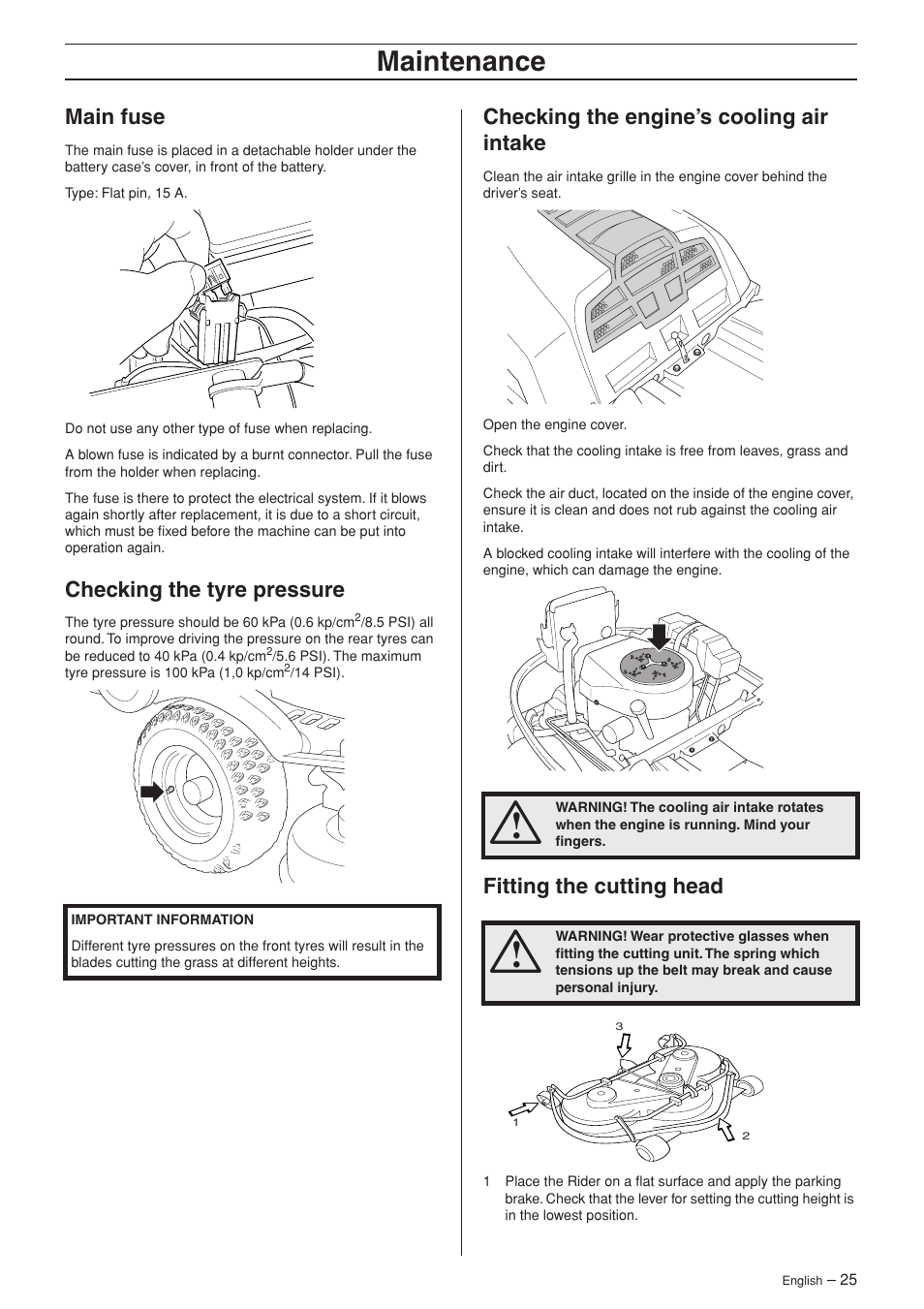 Main fuse, Checking the tyre pressure, Checking the engine’s cooling air intake | Fitting the cutting head, Maintenance | Husqvarna 15V2 AWD User Manual | Page 25 / 36