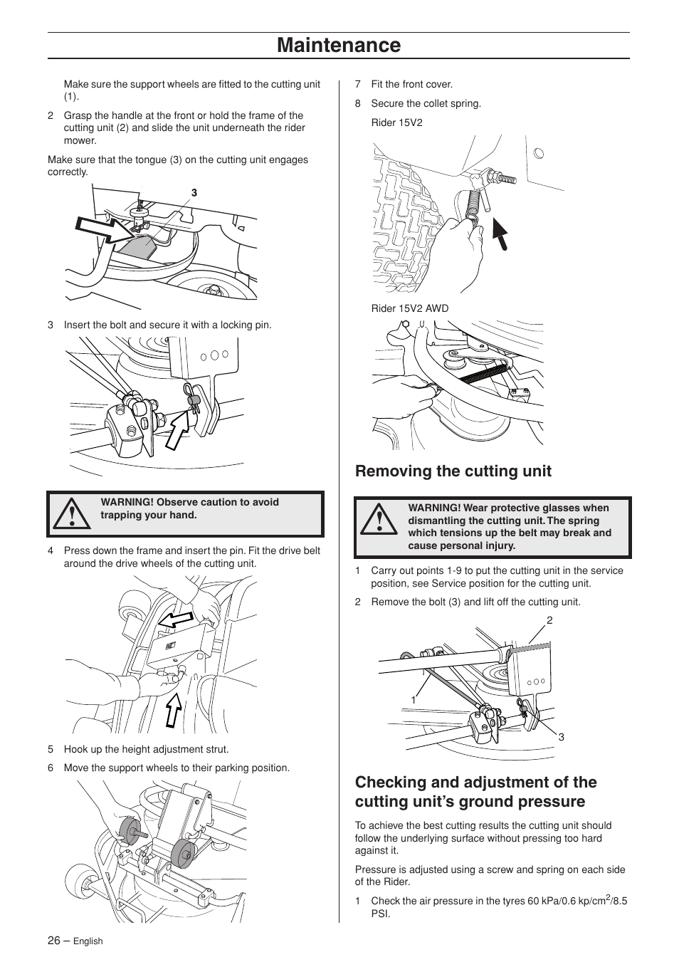 Removing the cutting unit, Maintenance | Husqvarna 15V2 AWD User Manual | Page 26 / 36