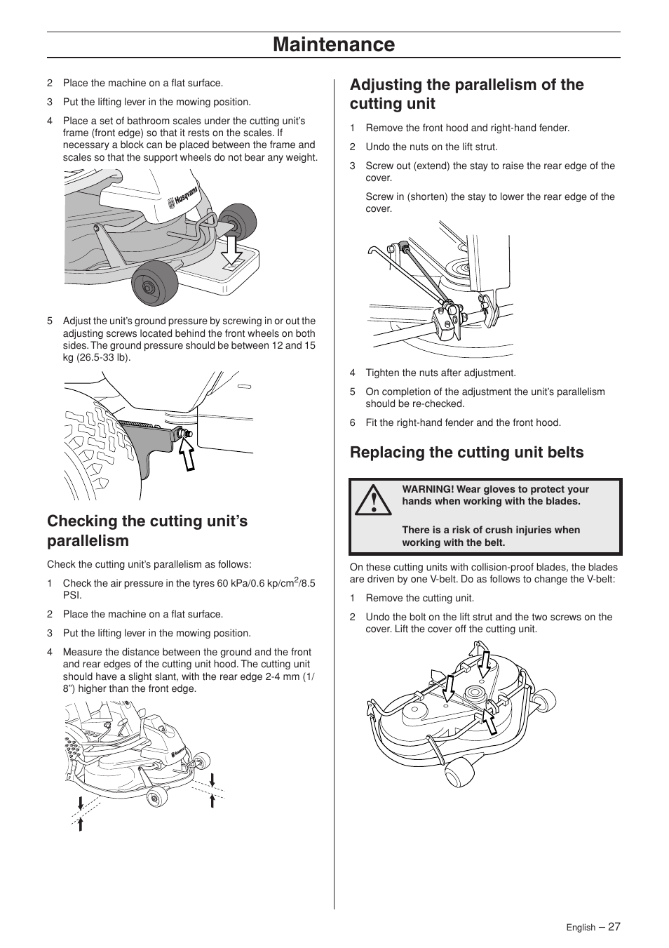 Checking the cutting unit’s parallelism, Adjusting the parallelism of the cutting unit, Replacing the cutting unit belts | Maintenance | Husqvarna 15V2 AWD User Manual | Page 27 / 36