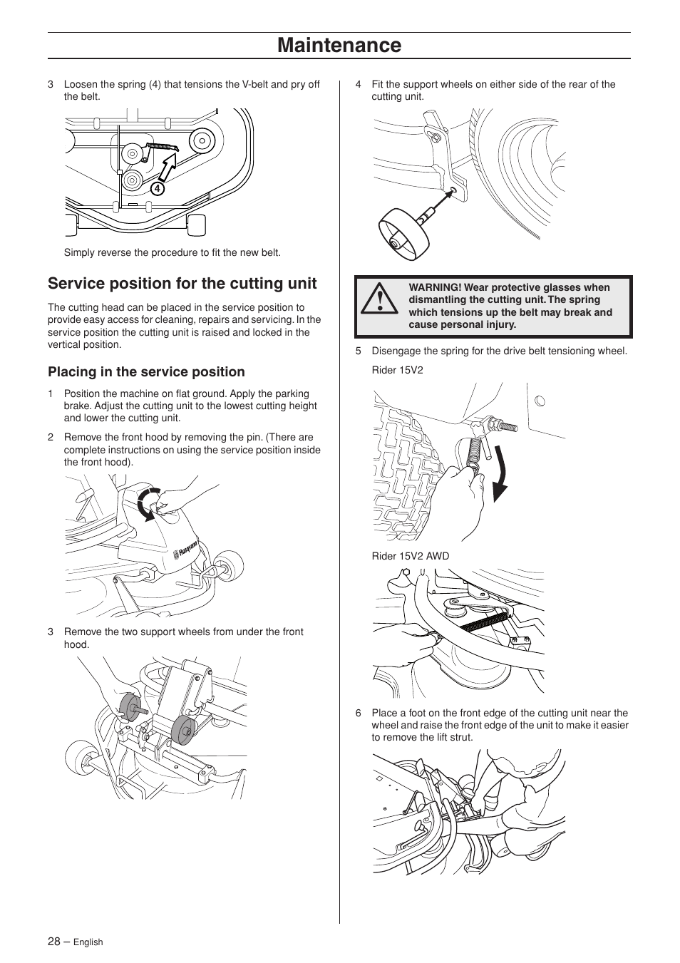 Service position for the cutting unit, Placing in the service position, Maintenance | Husqvarna 15V2 AWD User Manual | Page 28 / 36