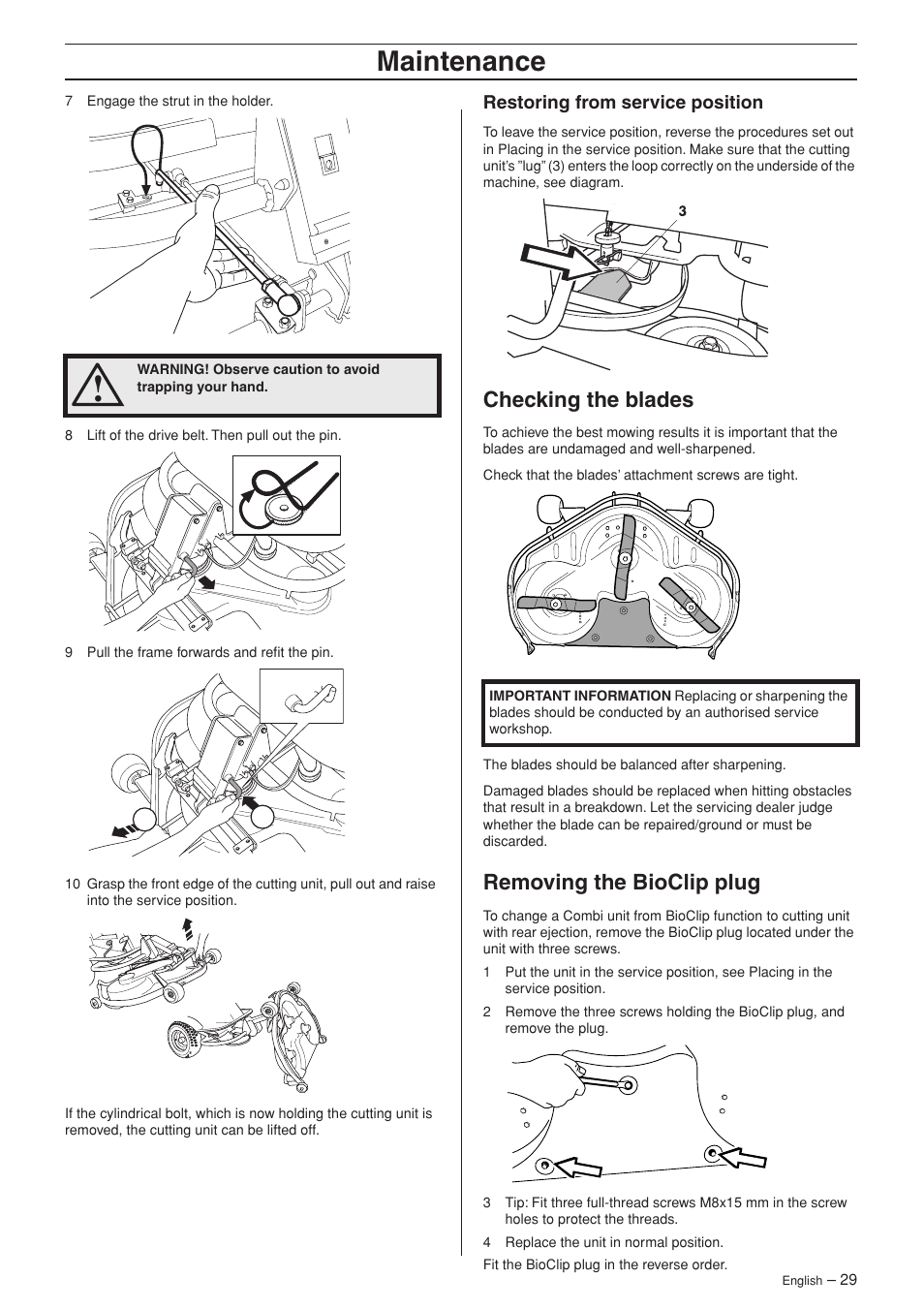 Restoring from service position, Checking the blades, Removing the bioclip plug | Maintenance | Husqvarna 15V2 AWD User Manual | Page 29 / 36