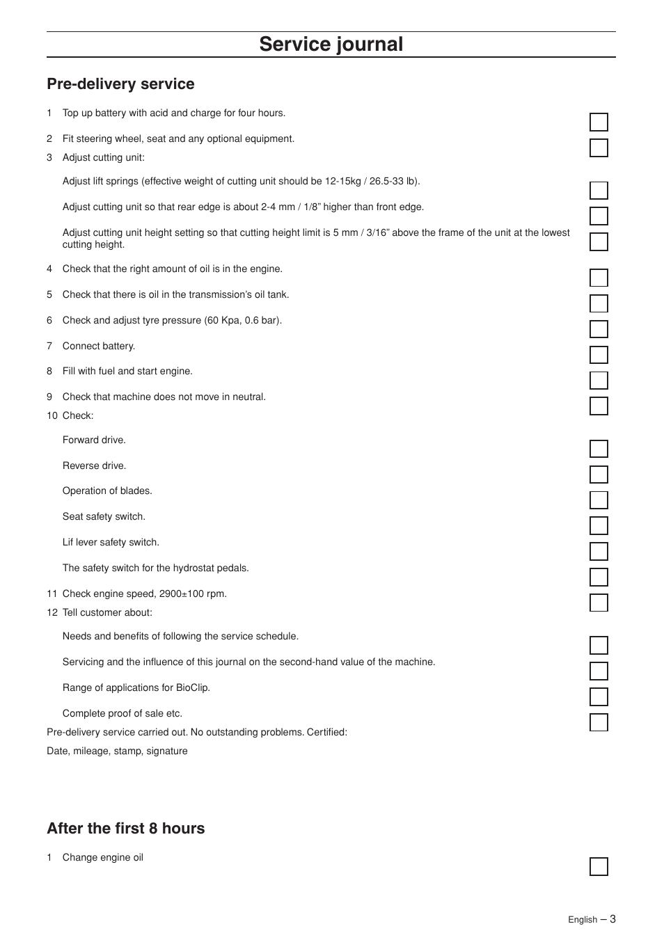Pre-delivery service, After the first 8 hours, Ser vice journal | Pre-deliver y service, After the fi rst 8 hours | Husqvarna 15V2 AWD User Manual | Page 3 / 36