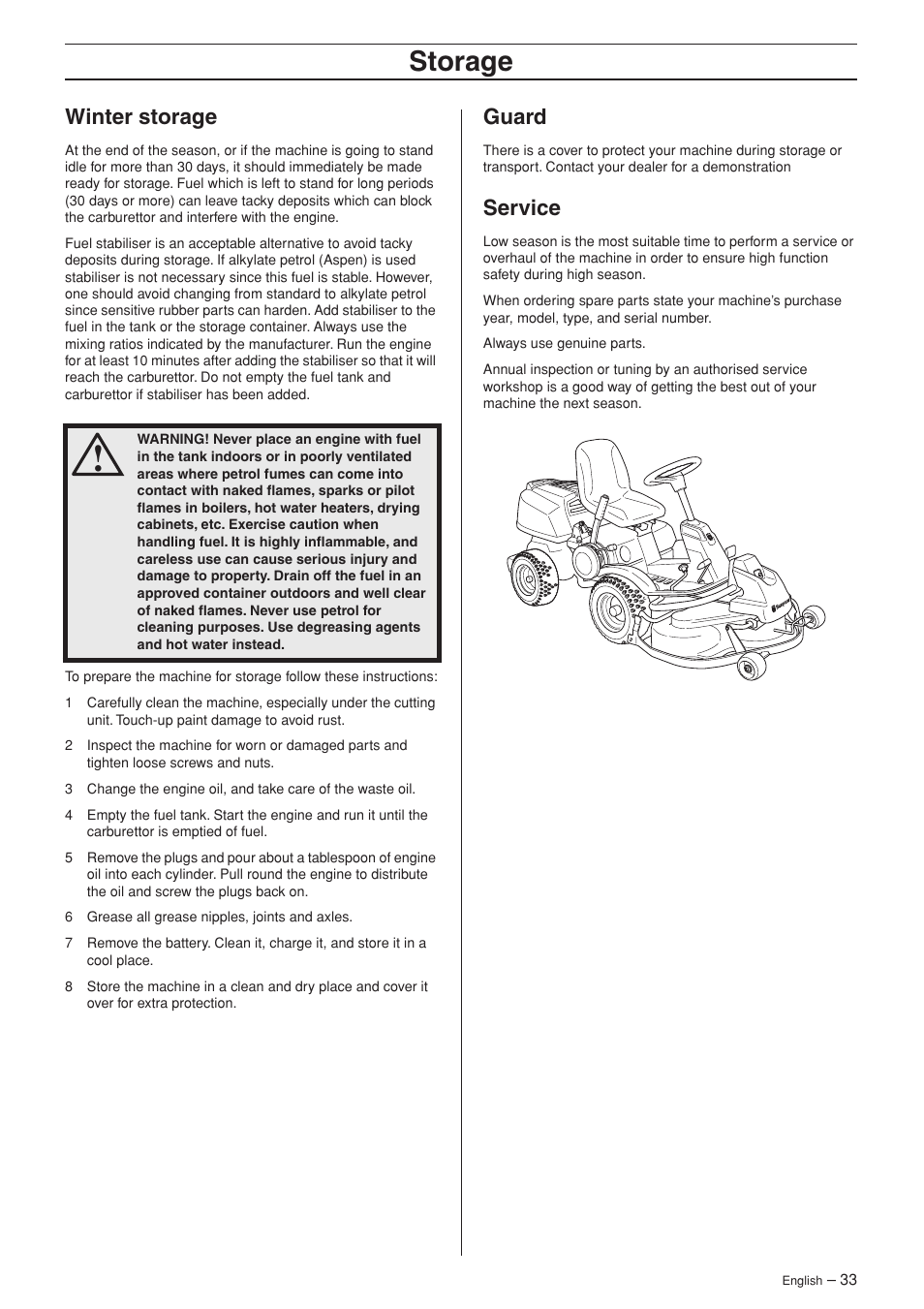 Winter storage, Guard, Service | Storage | Husqvarna 15V2 AWD User Manual | Page 33 / 36