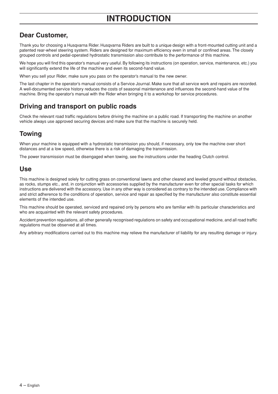 Dear customer, Driving and transport on public roads, Towing | Intr oduction, Driving and transpor t on public roads, T owing | Husqvarna 15V2 AWD User Manual | Page 4 / 36