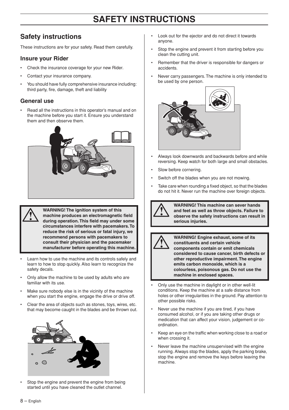 Safety instructions, Insure your rider, General use | Husqvarna 15V2 AWD User Manual | Page 8 / 36