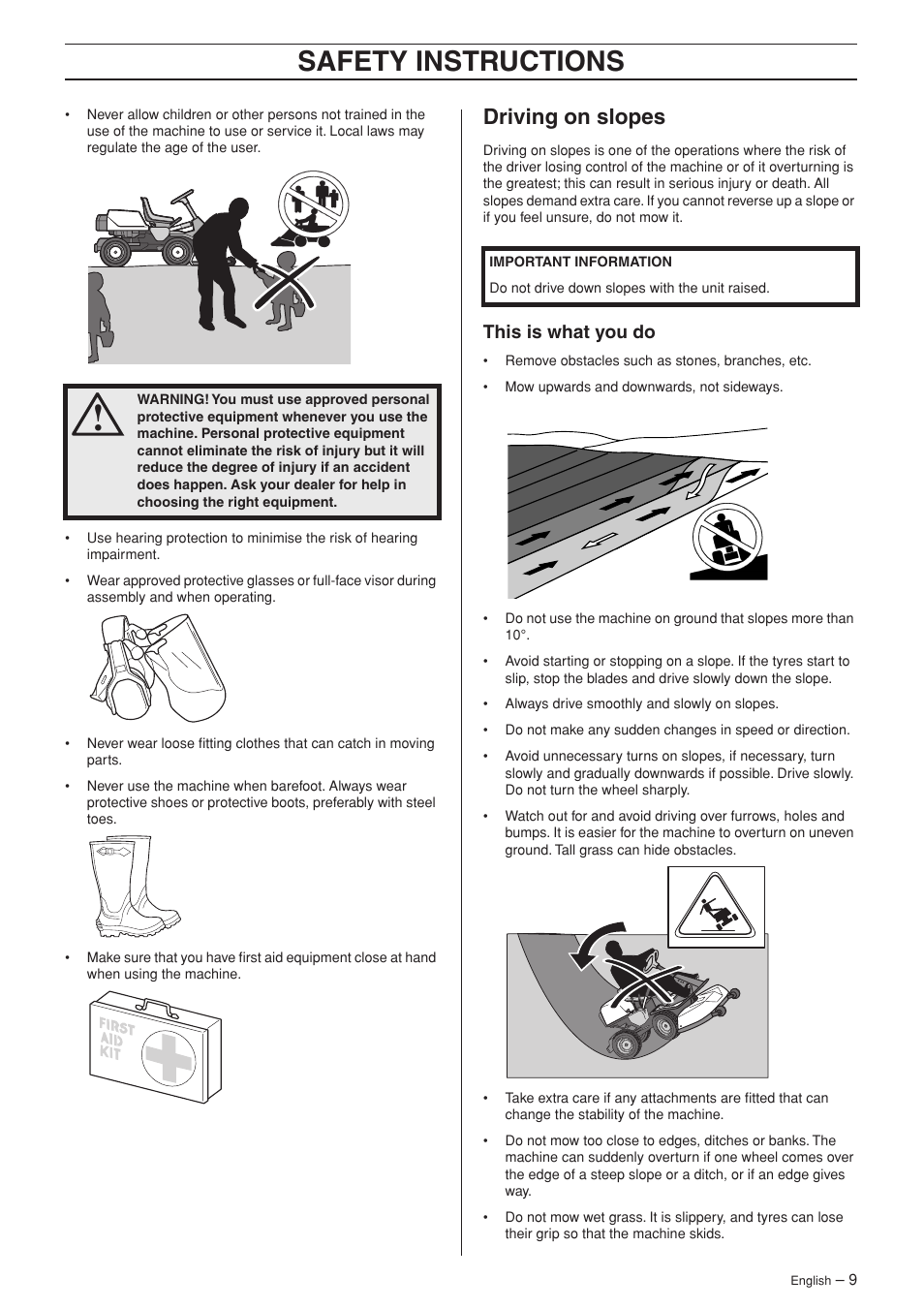 Driving on slopes, This is what you do, Safety instructions | Husqvarna 15V2 AWD User Manual | Page 9 / 36