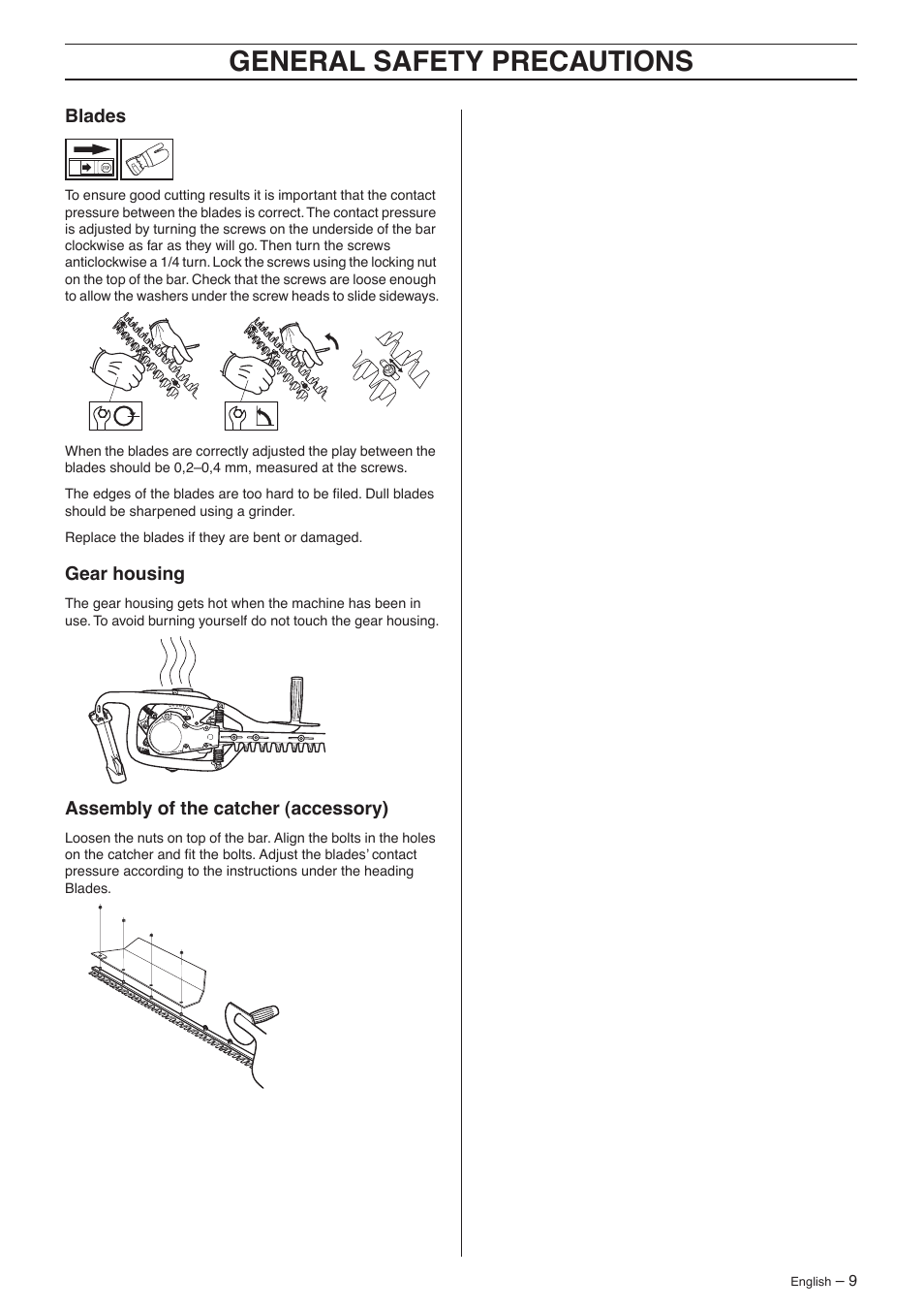 Blades, Gear housing, Assembly of the catcher (accessory) | General safety precautions | Husqvarna 326HS99 User Manual | Page 9 / 24