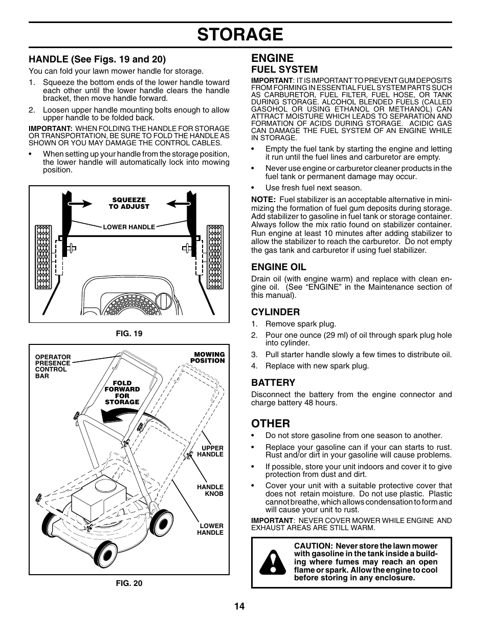 Storage, Engine, Other | Husqvarna 65021ES User Manual | Page 14 / 20