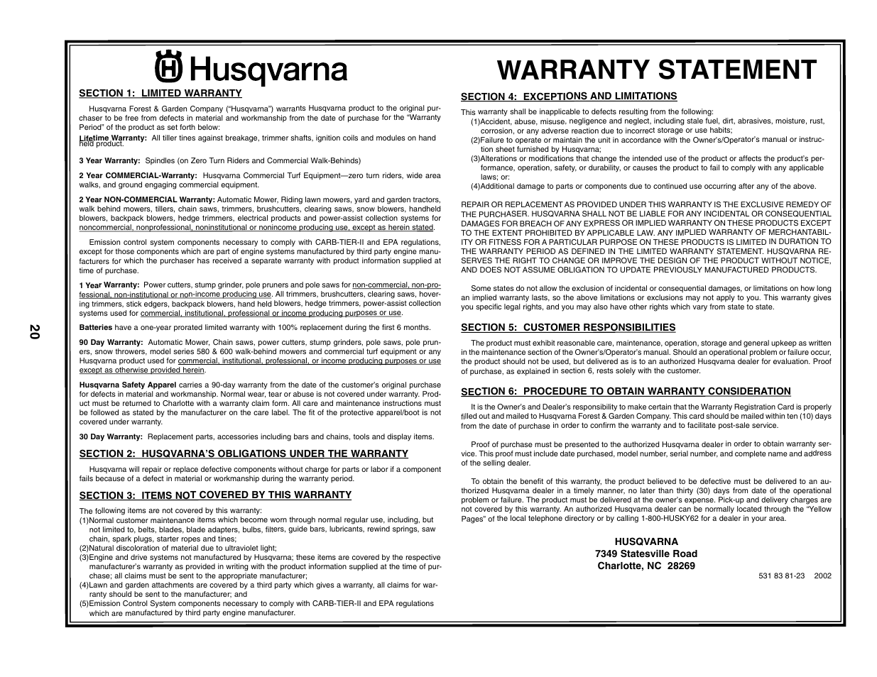 Warranty, Warranty statement | Husqvarna 65021ES User Manual | Page 20 / 20