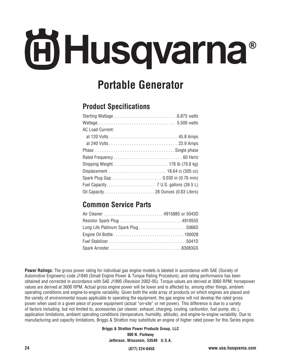 Product specs, Portable generator, Product specifications | Common service parts | Husqvarna 1055 GN User Manual | Page 24 / 29