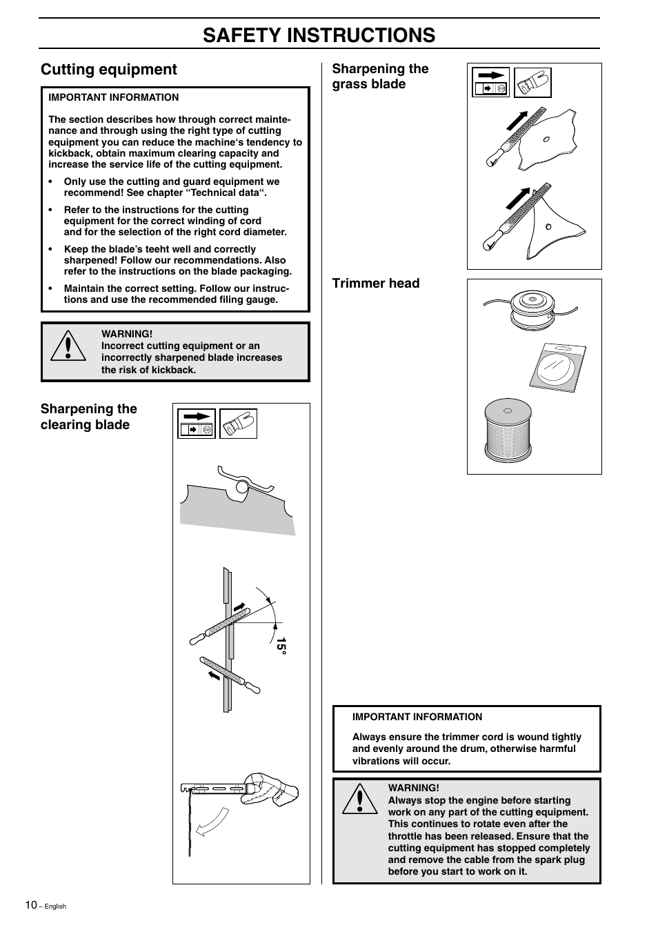 Safety instructions, Cutting equipment | Husqvarna 323R  EN User Manual | Page 10 / 44