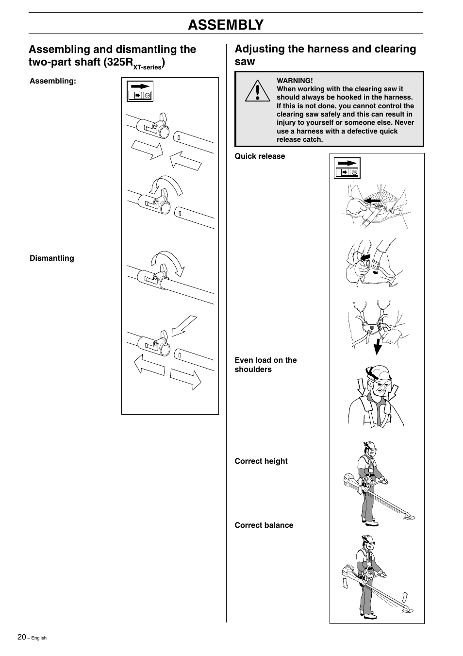 Assembly, Adjusting the harness and clearing saw | Husqvarna 323R  EN User Manual | Page 20 / 44