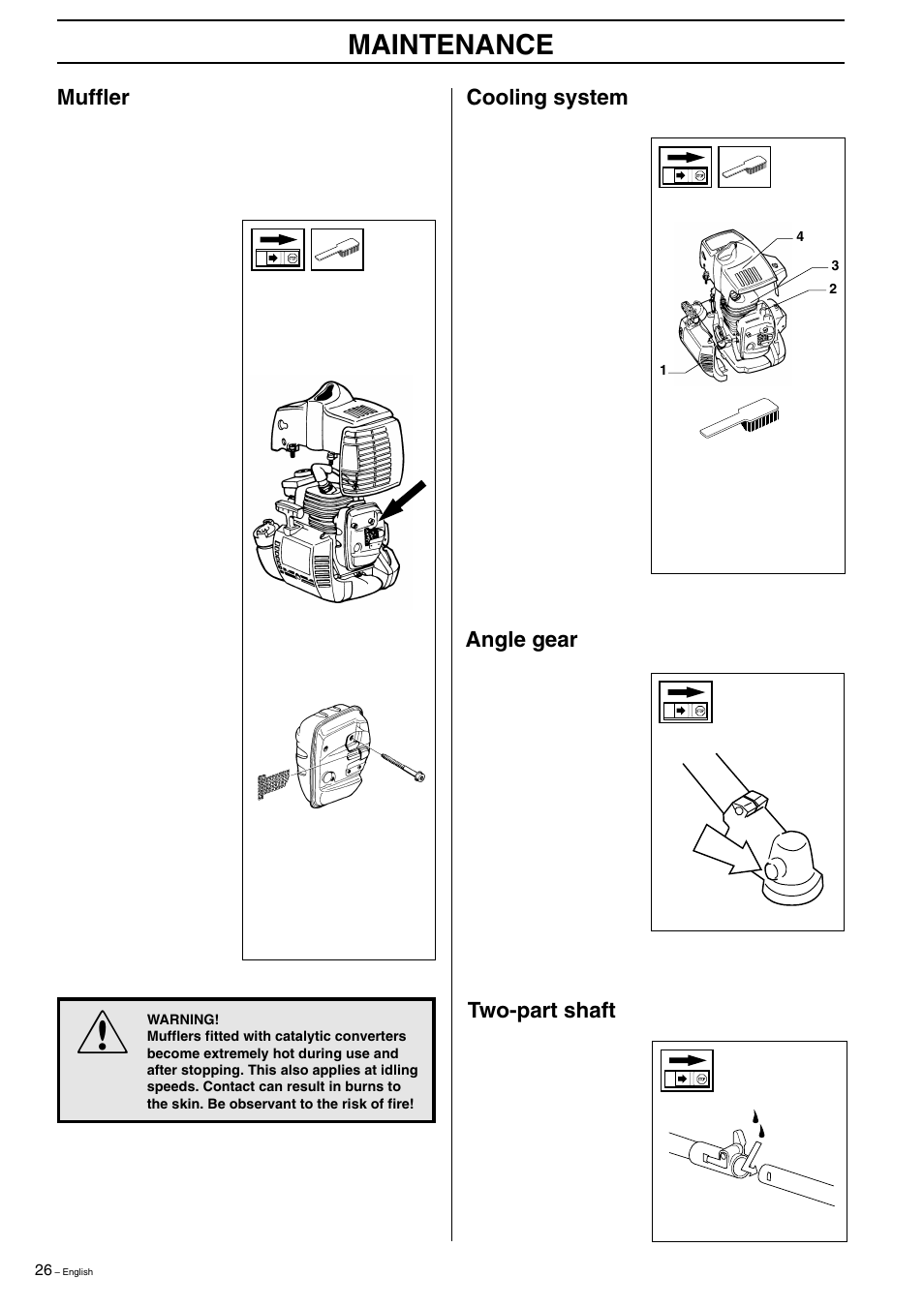 Maintenance, Cooling system, Muffler | Angle gear, Two-part shaft | Husqvarna 323R  EN User Manual | Page 26 / 44