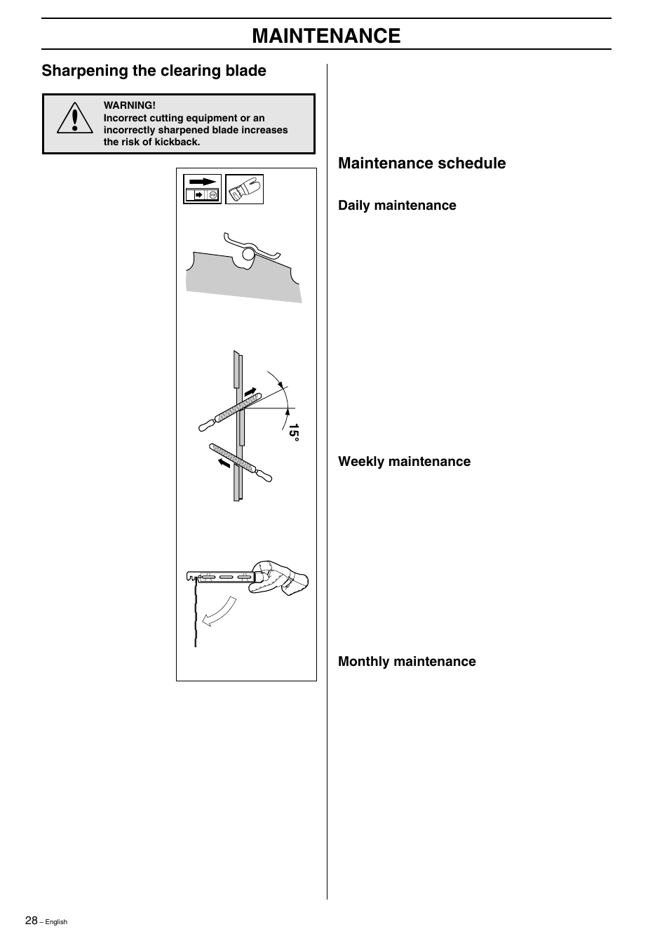 Maintenance schedule, Maintenance, Sharpening the clearing blade | Husqvarna 323R  EN User Manual | Page 28 / 44