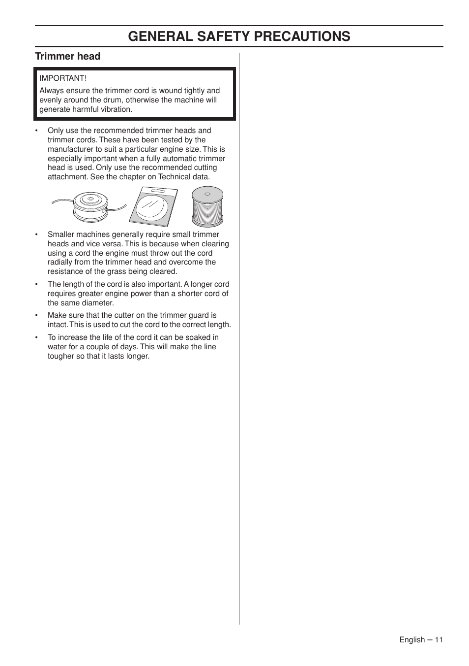 Trimmer head, General safety precautions | Husqvarna 143R-II User Manual | Page 11 / 36