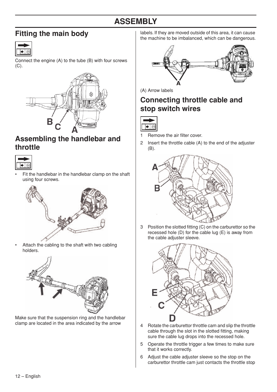 Fitting the main body, Assembling the handlebar and throttle, Connecting throttle cable and stop switch wires | Assembly | Husqvarna 143R-II User Manual | Page 12 / 36