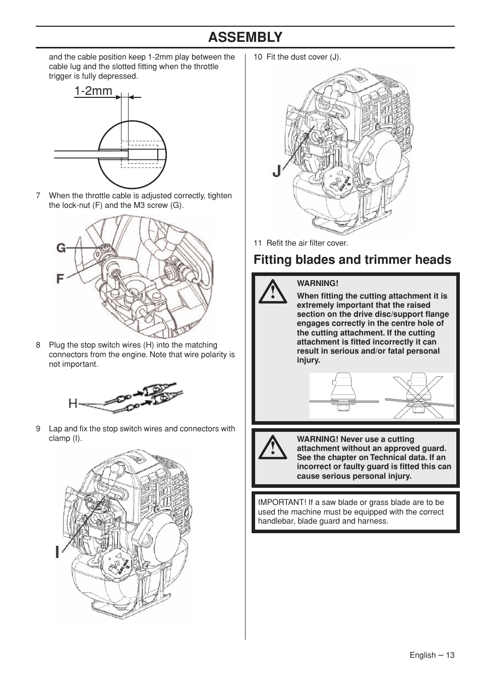 Fitting blades and trimmer heads, Assembly, Fitting blades and trimmer heads 1-2mm | Husqvarna 143R-II User Manual | Page 13 / 36