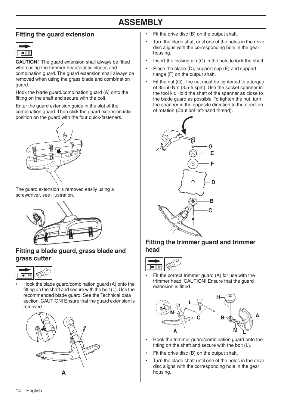Fitting the guard extension, Fitting the trimmer guard and trimmer head, Assembly | Husqvarna 143R-II User Manual | Page 14 / 36