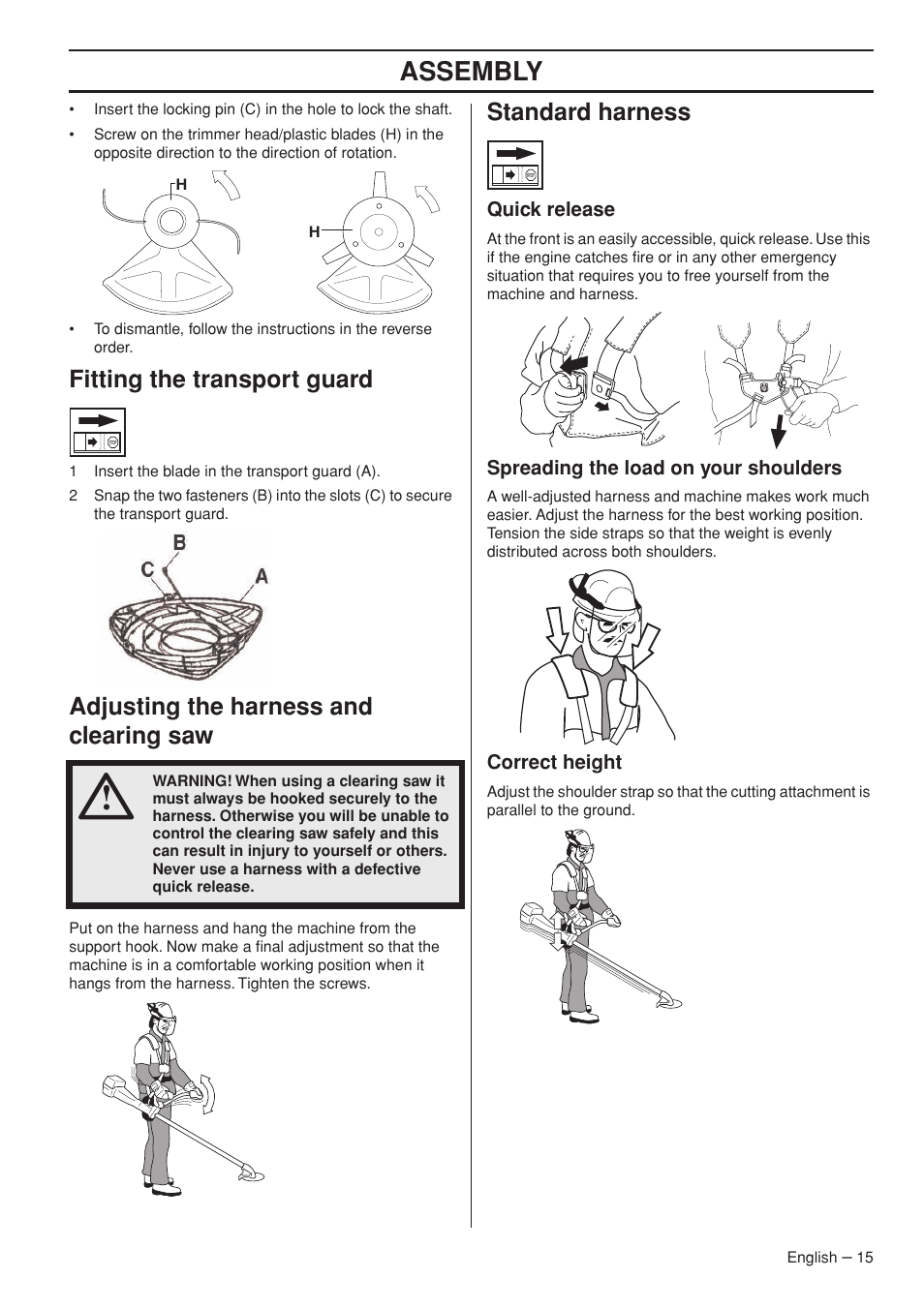 Fitting the transport guard, Adjusting the harness and clearing saw, Standard harness | Quick release, Spreading the load on your shoulders, Correct height, Assembly | Husqvarna 143R-II User Manual | Page 15 / 36