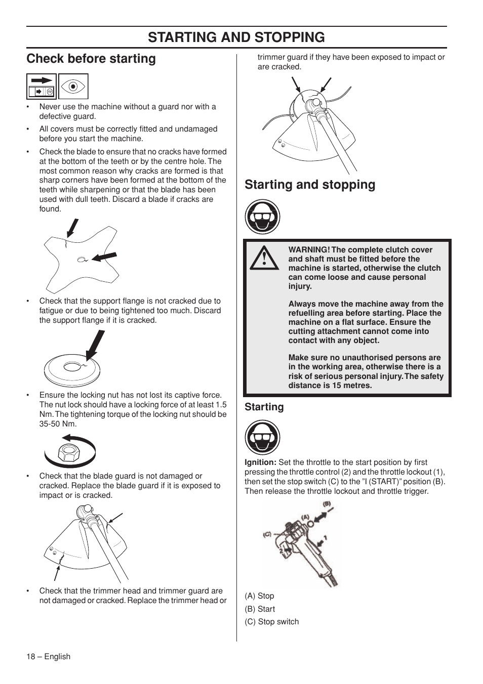 Check before starting, Starting and stopping, Starting | Husqvarna 143R-II User Manual | Page 18 / 36