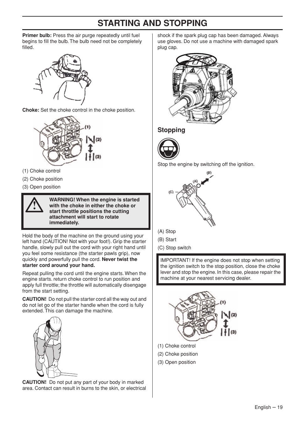 Stopping, Starting and stopping | Husqvarna 143R-II User Manual | Page 19 / 36