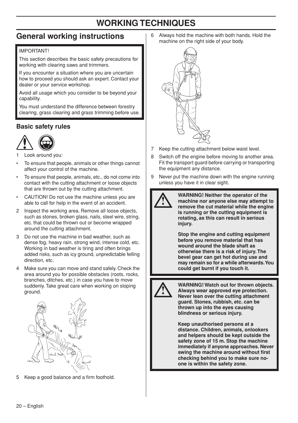 General working instructions, Basic safety rules, Working techniques | Husqvarna 143R-II User Manual | Page 20 / 36