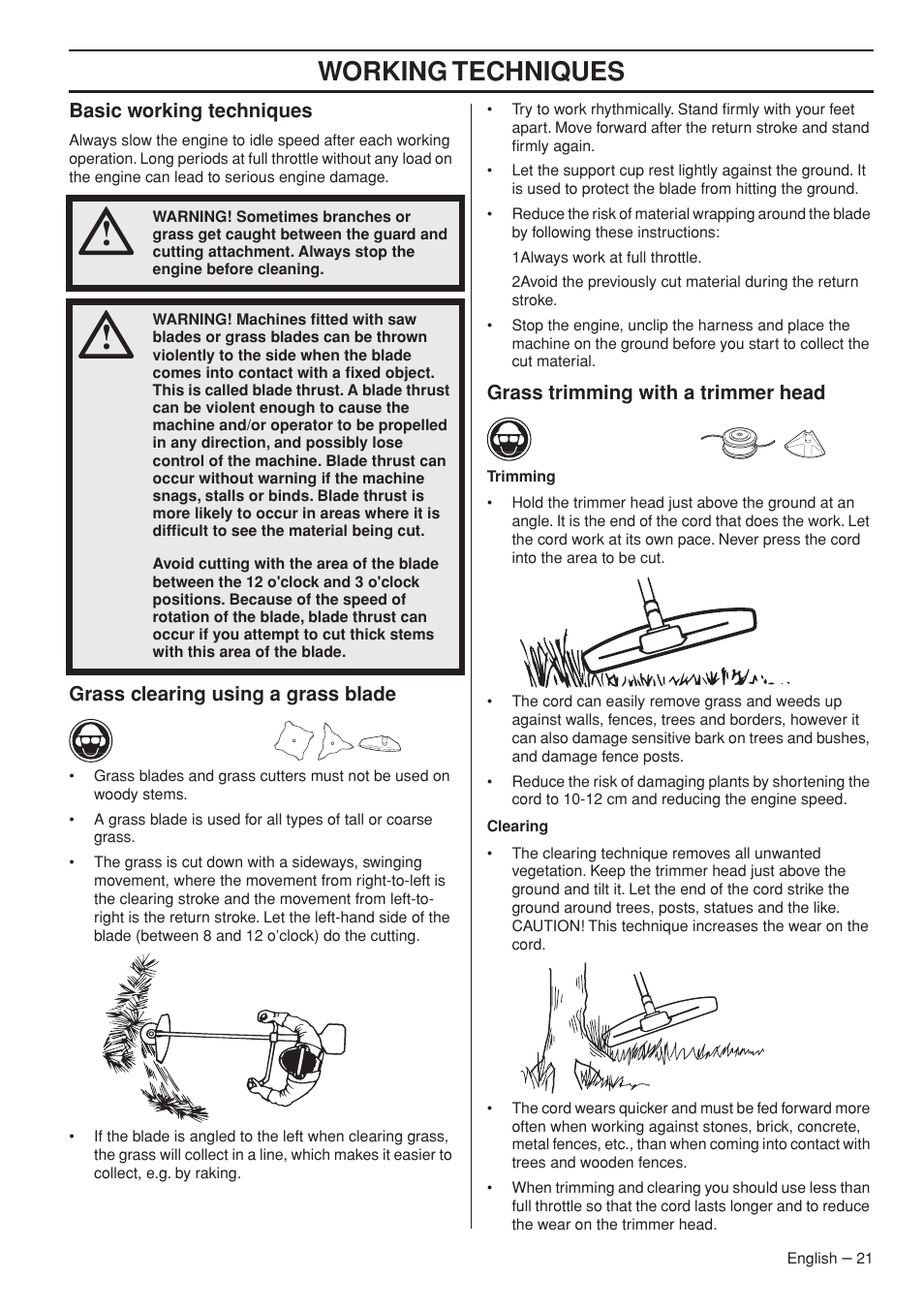 Basic working techniques, Grass clearing using a grass blade, Grass trimming with a trimmer head | Working techniques | Husqvarna 143R-II User Manual | Page 21 / 36