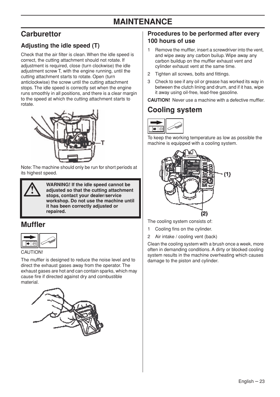 Carburettor, Adjusting the idle speed (t), Muffler | Cooling system, Maintenance | Husqvarna 143R-II User Manual | Page 23 / 36