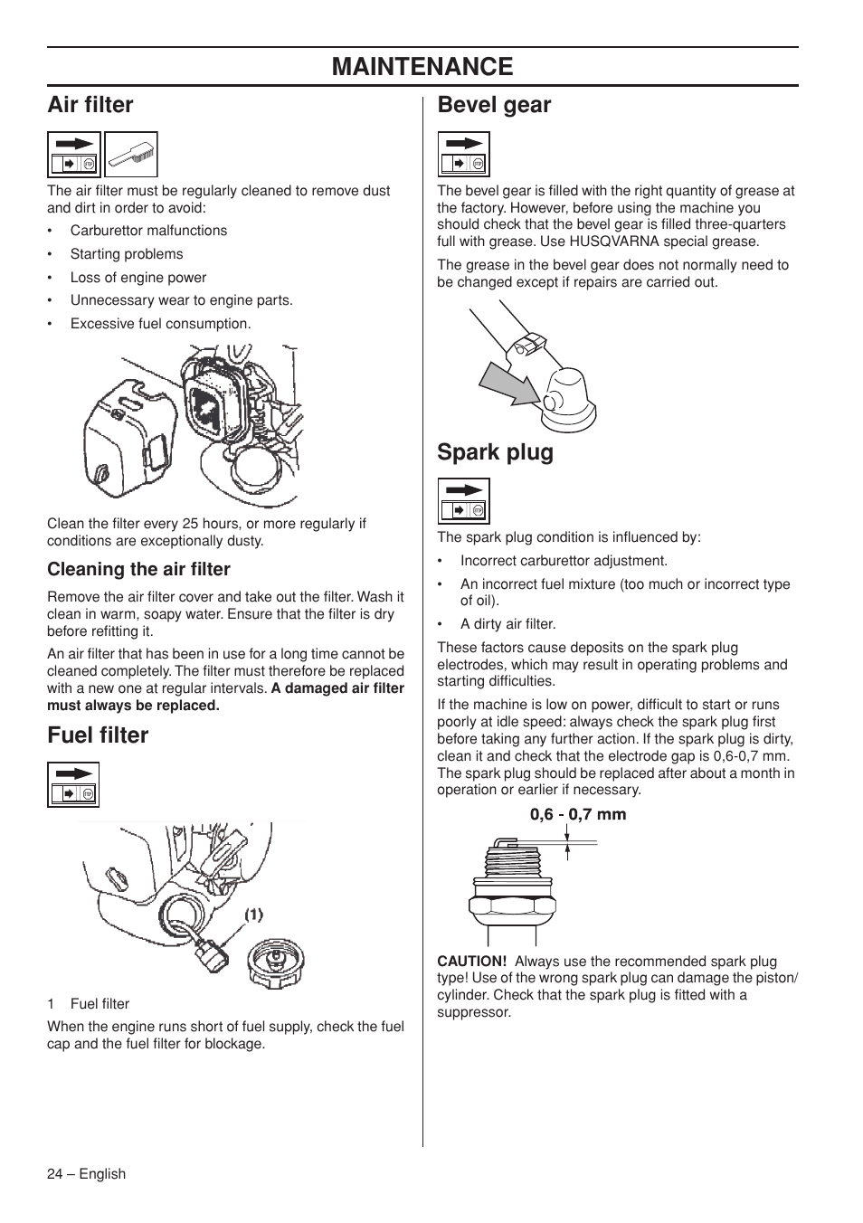 Air filter, Cleaning the air filter, Fuel filter | Bevel gear, Spark plug, Maintenance | Husqvarna 143R-II User Manual | Page 24 / 36