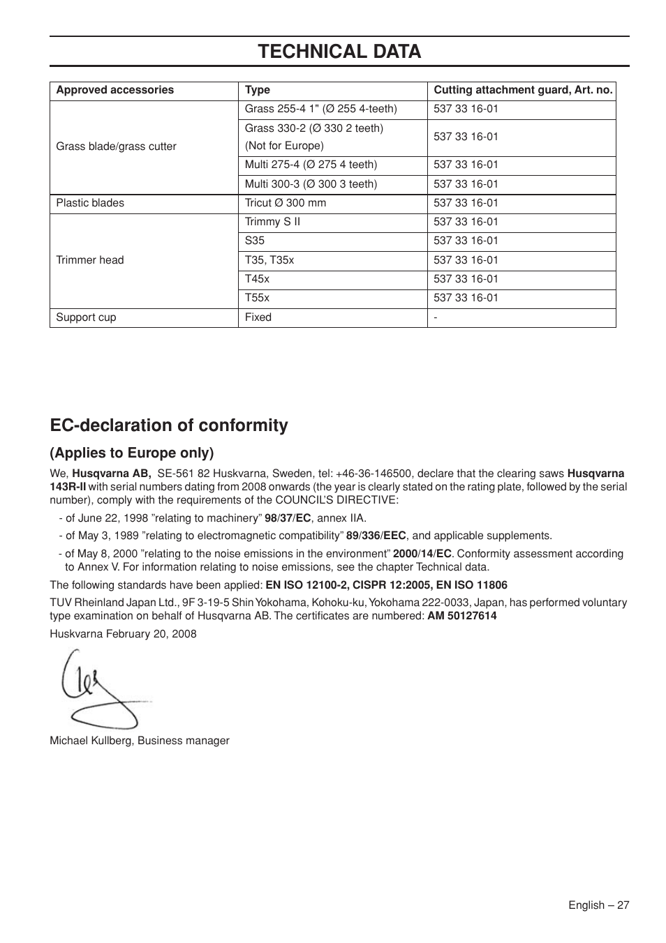 Ec-declaration of conformity, Applies to europe only), Technical data | Husqvarna 143R-II User Manual | Page 27 / 36