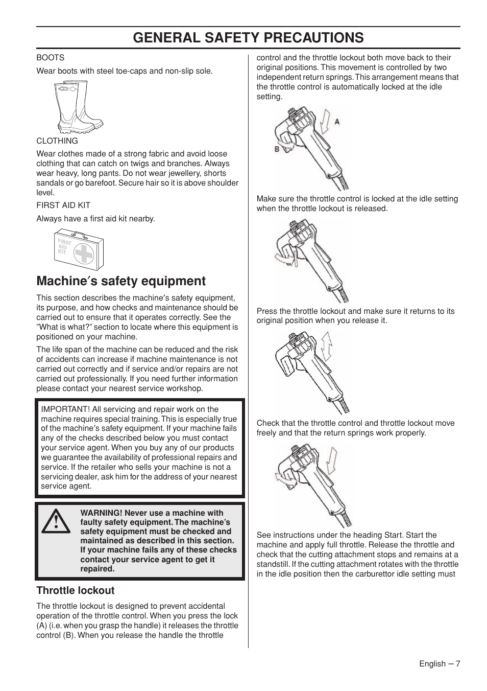 Machine¢s safety equipment, Throttle lockout, General safety preca utions | Mac hine ′ s safety equipment | Husqvarna 143R-II User Manual | Page 7 / 36