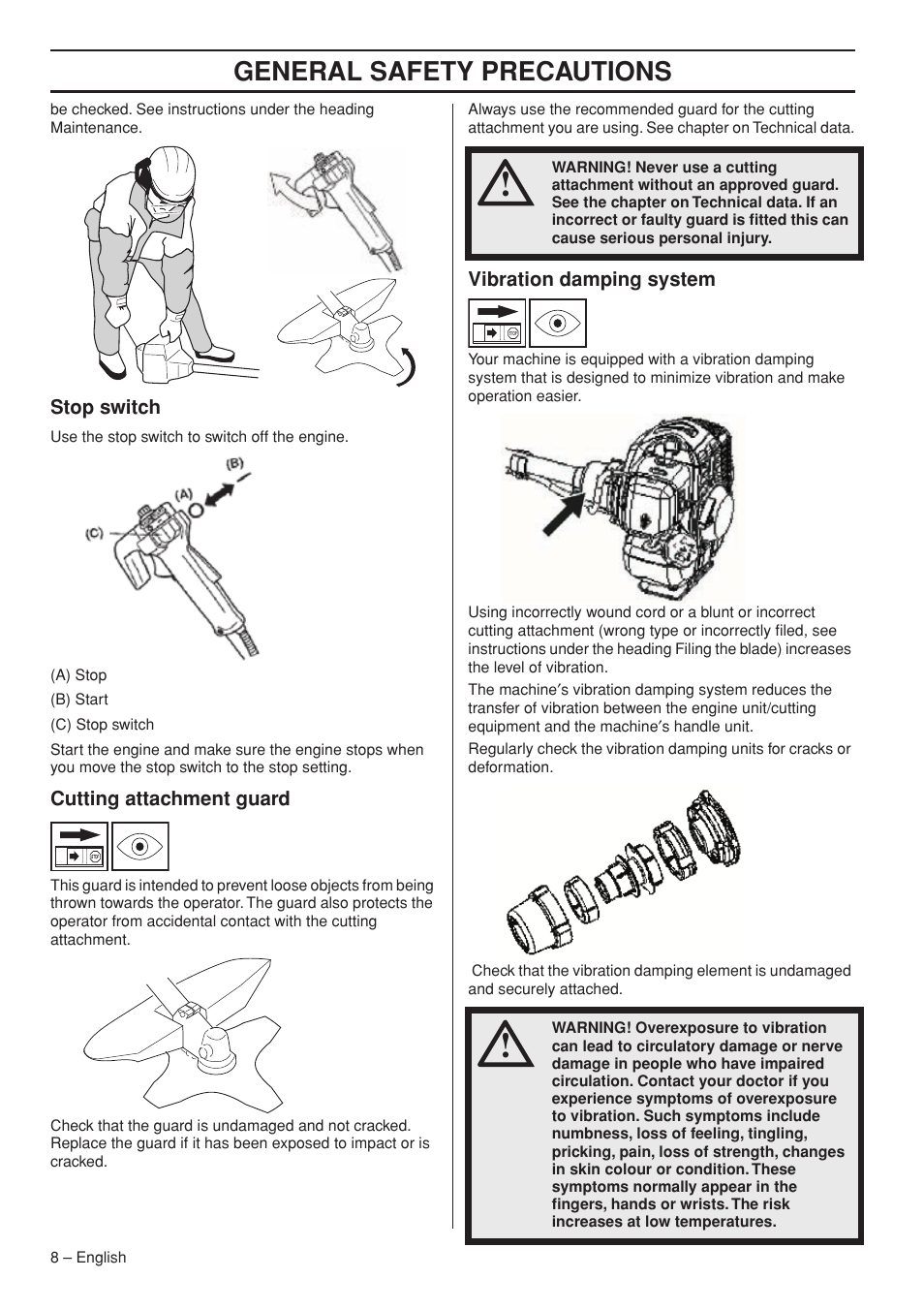 Stop switch, Cutting attachment guard, Vibration damping system | General safety preca utions | Husqvarna 143R-II User Manual | Page 8 / 36