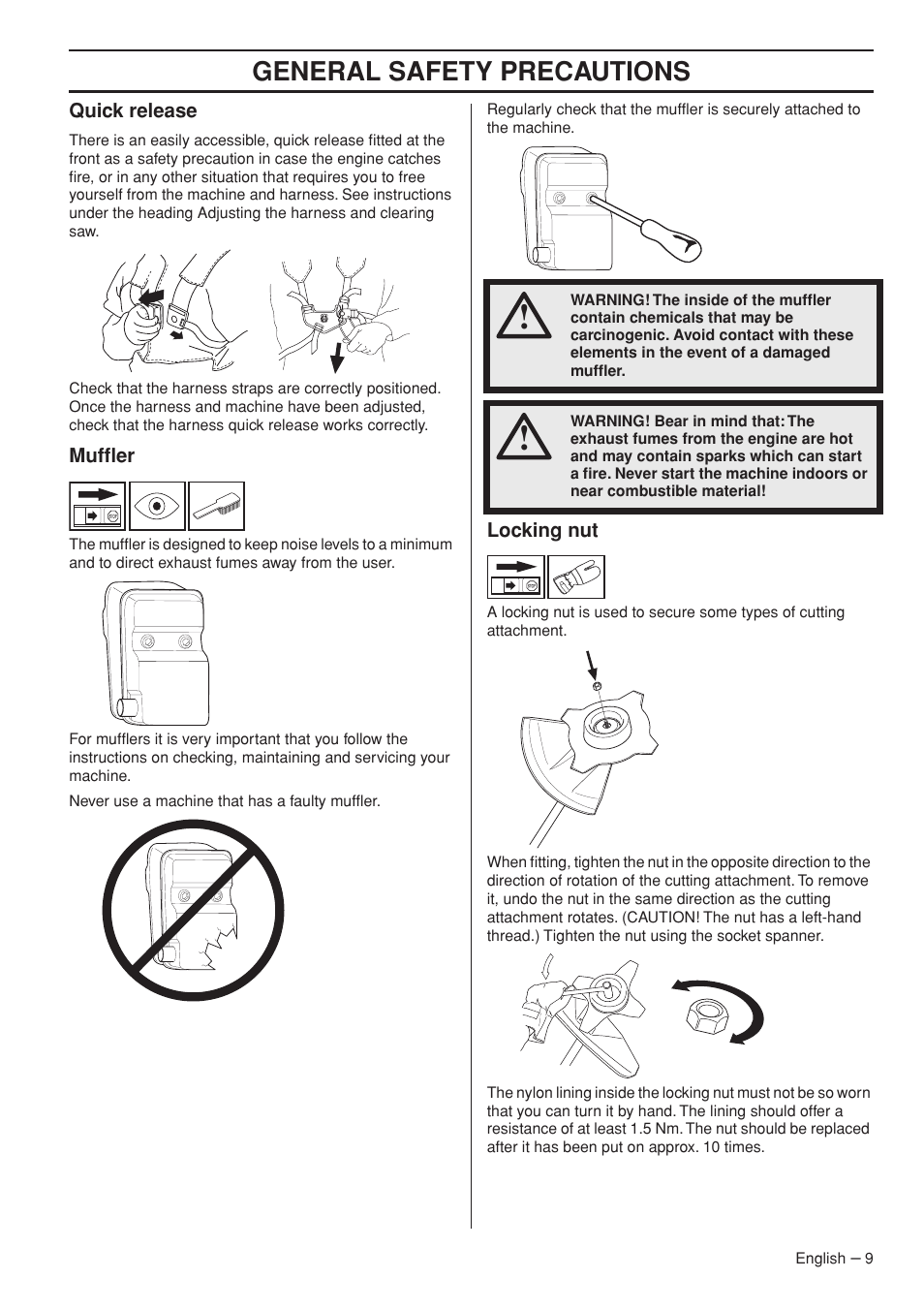 Quick release, Muffler, Locking nut | General safety precautions | Husqvarna 143R-II User Manual | Page 9 / 36
