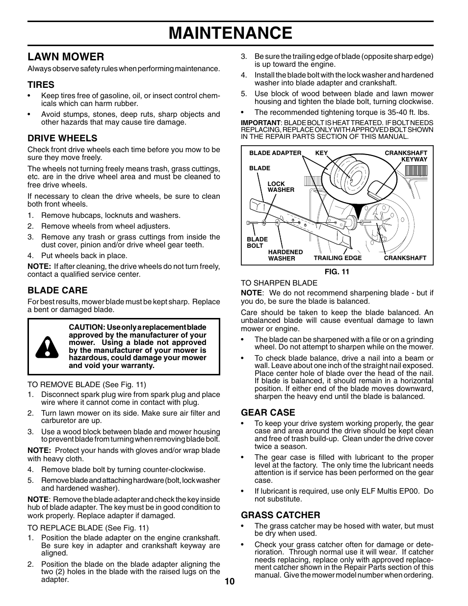 Maintenance, Lawn mower | Husqvarna 67522ES User Manual | Page 10 / 20
