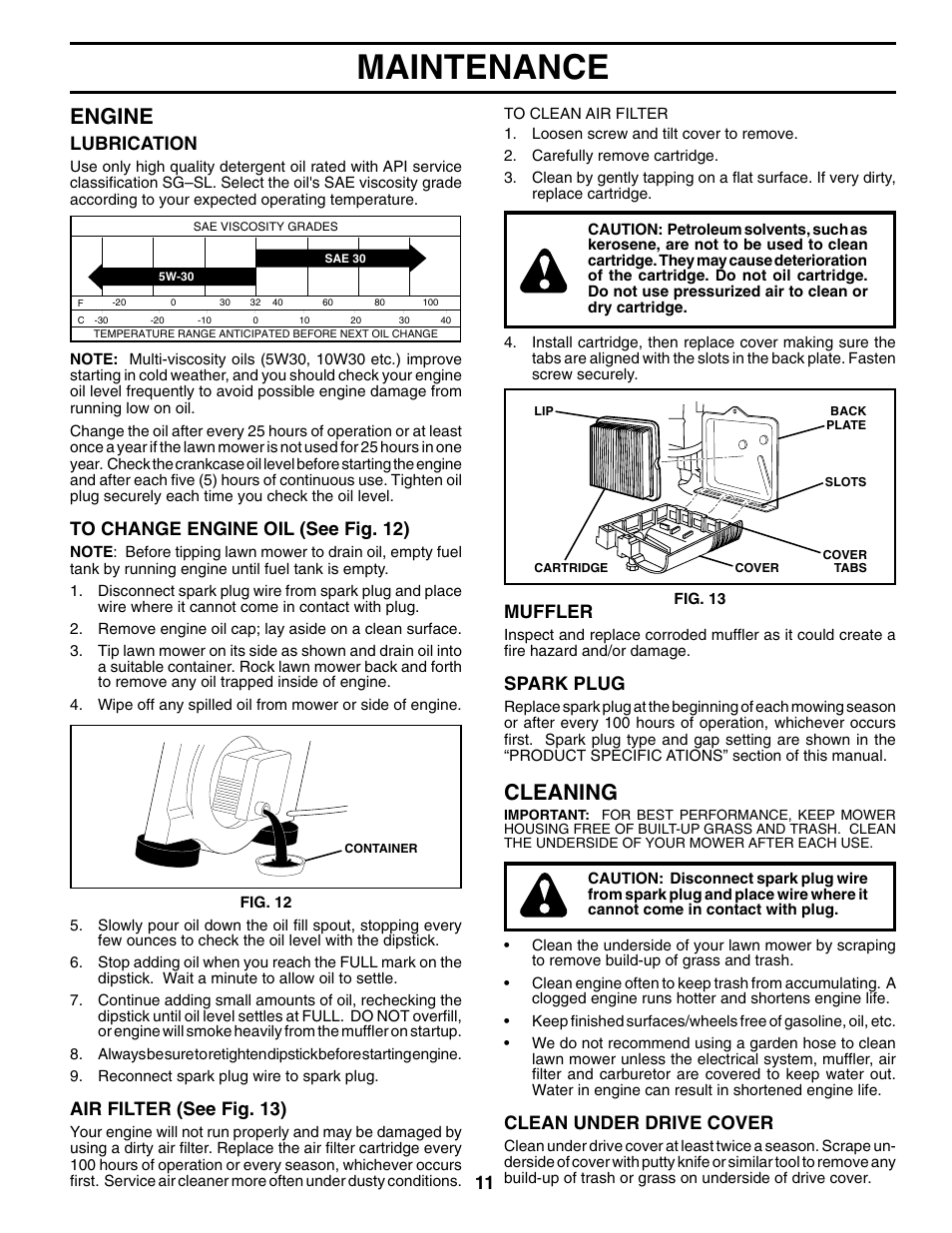 Maintenance, Engine, Cleaning | Lubrication, Air filter (see fig. 13), Muffler, Spark plug, Clean under drive cover | Husqvarna 67522ES User Manual | Page 11 / 20